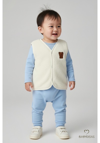 Babyden's Welsoft Erkek Bebek Çocuk Çıtçıtlı Yelek Ayıcık Armalı, Yumuşak Peluş Bebek Yeleği Ekru