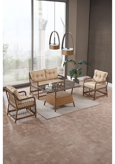 Breda Rattan Örgü Bahçe Balkon Takımı 2+1+1 Cam Masalı Kahve Kahve