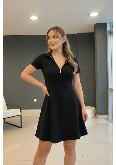 Mythrıva Kadın Kısa Kollu Yakası Fermuarlı Kısa Viskon Iki Iplik Elbise Siyah