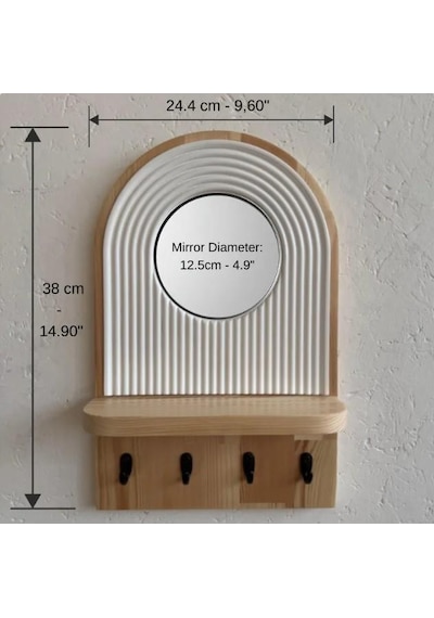 Aynalı Ahşap Duvar Hol Anahtar Askısı, Minimalist Dekoratif Modern Anahtarlık Natürel