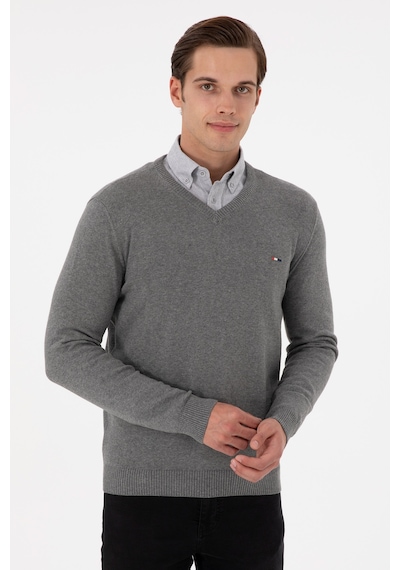 U.S. Polo Assn. Erkek Slim Fit V Yaka Gri Melanj Kazak 50298283-VR086