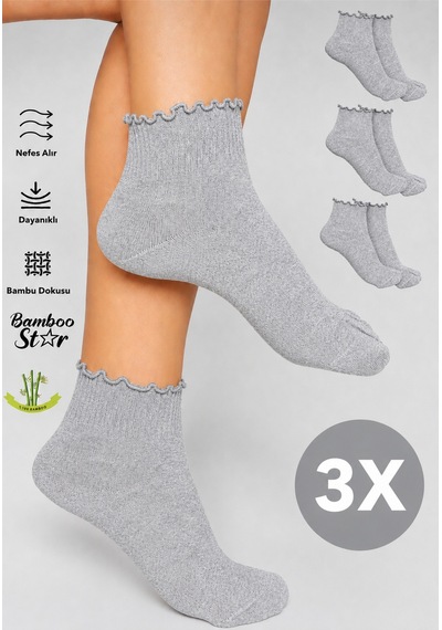 Bamboo Star Bambu Kadın Fırfırlı Patik Lastiksiz Dikişsiz Gri Çorap 3lü Paket