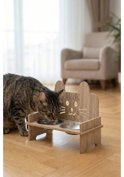 Gobypet Ahşap Özel İsim Baskılı Kulaklı Kedi Mama Su Kabı Standı