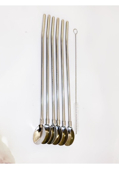 Kaşıklı Pipet Seti 6'lı Paslanmaz Çelik, Gold Renk - Metalik