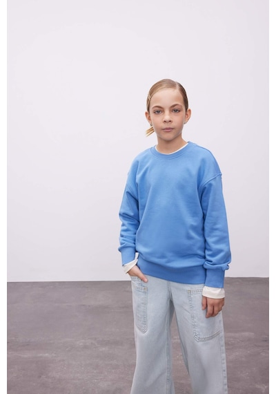 Defacto Kız Çocuk Relax Fit Bisiklet Yaka Pamuklu Basic Düz Okul Sweatshirt A2797A824AUBE756 Mavi