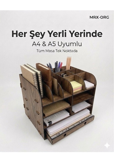 Mrx-org Desk 02 Masaüstü Organizer A4 & A5 Evraklık Kalemlik Çok Bölmeli Ahşap Masa Düzenleyici Ceviz