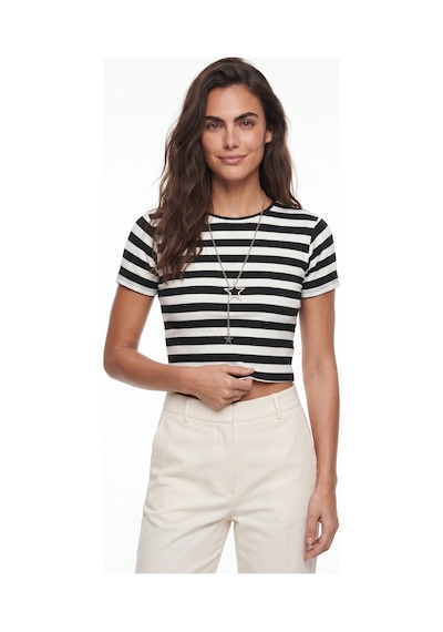 Onloox Kadın Siyah Siyah Beyaz Pamuklu Bisiklet Yaka Basic Crop Çizgili Kısa Kollu Örme T-shirt