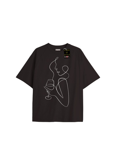Flood Of Style Siyah Oversize T-shirt Yüz Baskı Çizim Özel Tasarım