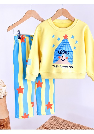 Elzo Collection Unisex Magic Yıldız Baskılı Sweatshirt Çizgili Eşofman Alt Üst Takım Sarı - Mavi Elzo Collection Unisex Magic Yıldız Baskılı Sweatshirt Çizgili Eşofman Alt Üst Takım Sarı - Mavi