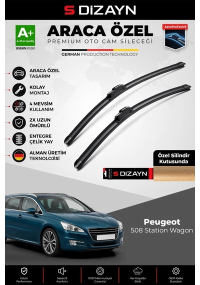 S-dizayn Peugeot 508 Station Wagon Ön Cam Silecek Seti 2010-2018 Premium Araca Özel 65-65 Cm A+ Kal