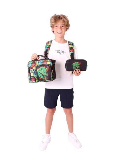 Kaukko Kids Kız Çocuklara Özel Siyah Yeşil - 3d Gergedan Detaylı Üçlü Okul Çantası Seti Siyah - Yeşil