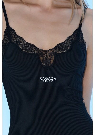 Sagaza Studio Ss6002 Önü Dantel Askıı Mini Elbise Siyah