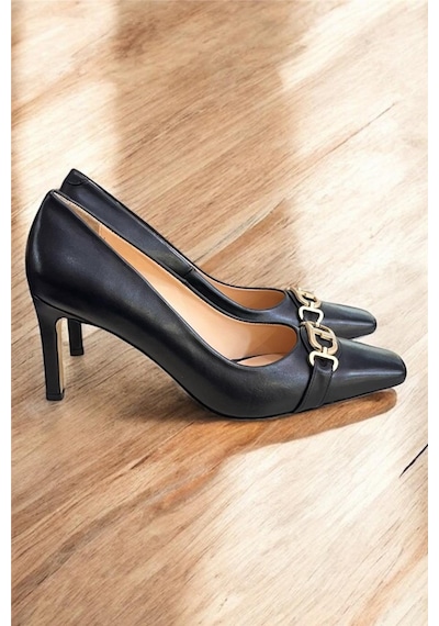 Tufan Shoes Siyah Hakiki Deri Toka Detay Topuklu Ayakkabı Siyah