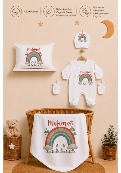 Pia Baby Erkek Bebek Hastane Çıkışı Seti 11 Parça %100 Pamuk Kişiye Özel İsim Baskılı 1083113x Ekru