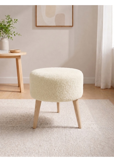 Krem Welsoft Kumaş Yuvarlak Puf Ahşap Ayaklı Demonte Modern Puf Tabure 40x42 Cm