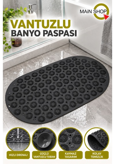 Kaydırmaz Duşakabin Banyo Ve Duş Paspası Masajlı Vantuzla Yapışır 37 X 69 Cm M-142 Siyah