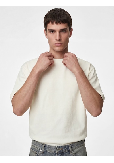 Koton Kısa Kollu Pamuklu Tok Kumaş Bisiklet Yaka Oversize Basic Tişört Ekru 6sam10385mk