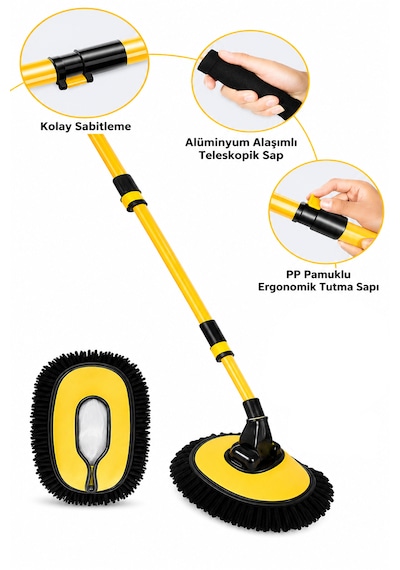 Yeni Oto Mop - Çizmez  Mikrofiber - Bagajda Yer Kaplamaz - Ekstra Köpük - 2 Kademeli Sap Ayarı