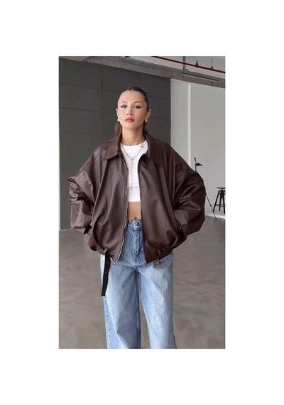 Belizmod Oversize Kemerli Bomber Deri Ceket Kahverengi Kahverengi