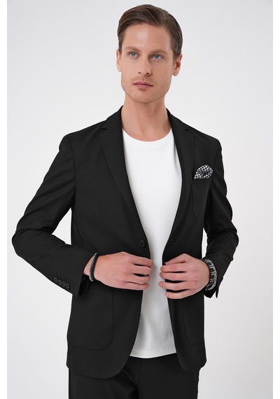 Efor Comfort Fit Mono Yaka Çift Yırtmaç Torba Cep Kendinden Desenli Casual Siyah Ceket C 706 Siyah