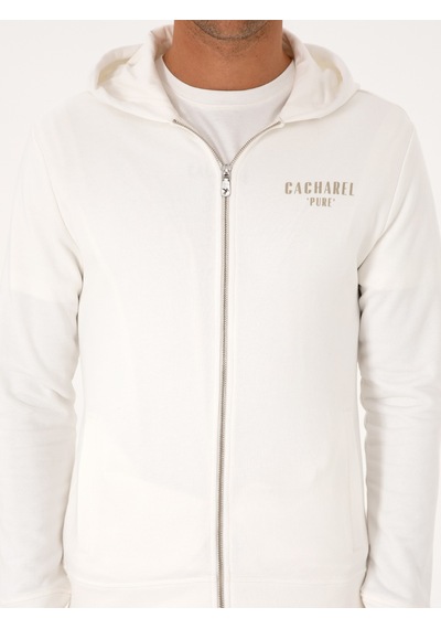 Ekru Regular Fit %100 Pamuk Tam Fermuarlı Kapüşonlu Sweatshirt Bej