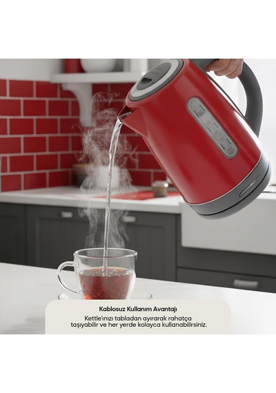 Sk-8031 Su Isıtıcı Kettle Paslanmaz Çelik, 1.8 L, Inox, Otomatik Kapanma Kırmızı