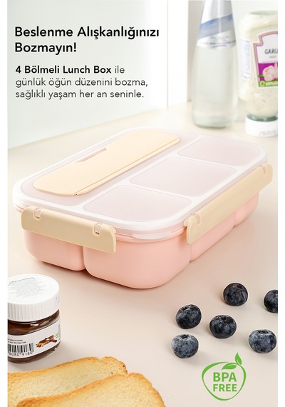 Sızdırmaz Contalı Yemek Kabı - 4 Bölmeli Çatal Kaşıklı Diyet Beslenme Kutusu Lunch Box Pembe Pembe