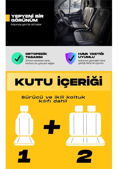 Siyah - Siyah Panda Bodrum Serisi Ford Transit 2014+ Araca Özel Keten Ticari Oto Koltuk Kılıfı