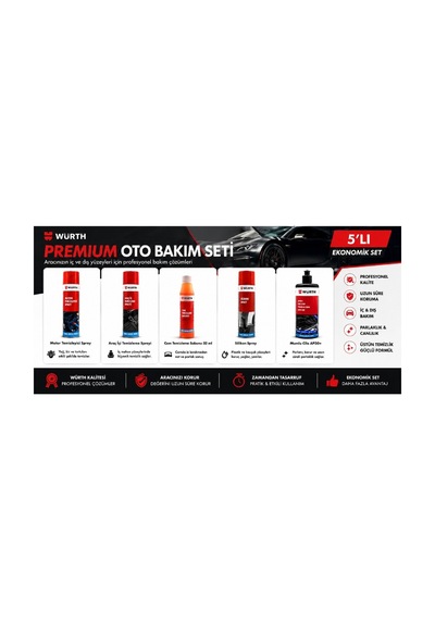 Premium Oto Bakım Seti 5'li - Motor Temizleyici, Araç İçi Temizleyici, Silikon Sprey, Cam Sabunu Ve Ap30 Mumlu Cila