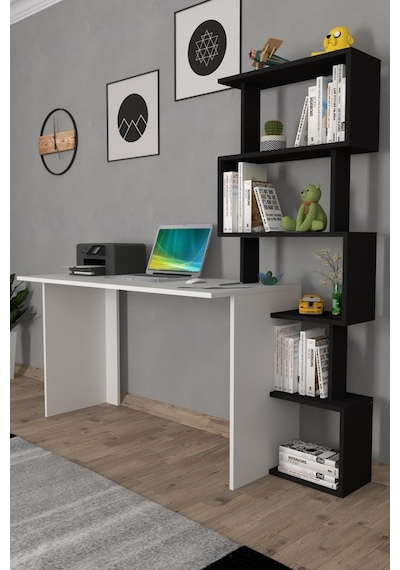 Moonlife Yakamoz Kitaplıklı Çalışma Masası Beyaz Siyah Moonlife Yakamoz Kitaplıklı Çalışma Masası Beyaz Siyah