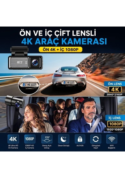 M6 4k Ultra Hd Araç İçi Kamera 3.2 Ips Ekran, Wi-fi Viidure Uygulama , Gps Ve Ön 4k + Arka 1080p Çift Kameralı