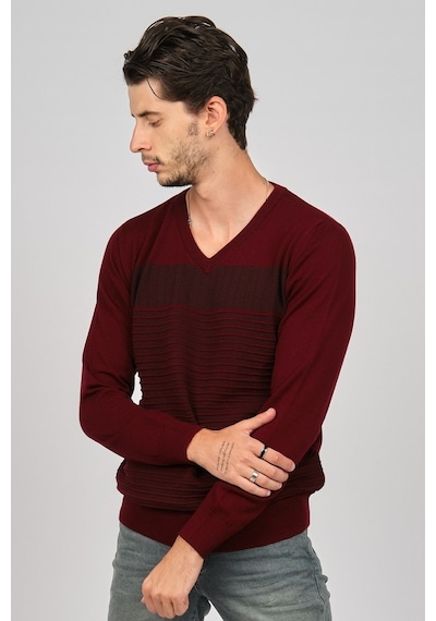 Desen Triko Erkek V Yaka Desenli Yün Kazak 0249640 Bordo Bordo