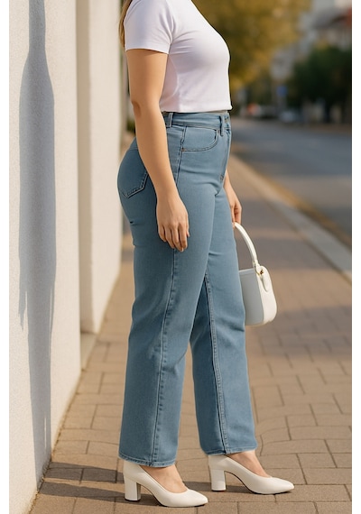 Cedy Denim Cedy Denım - Kadın Büyük Benden Boru Paça Yüksek Bel Regular Fit Likralı Pantolon C626 Açık Mavi