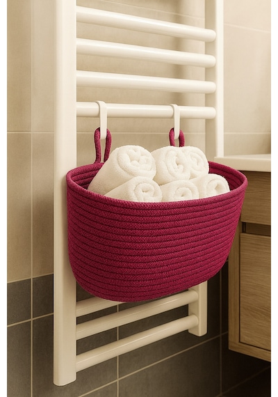 Mavaux Dekoratif Askılı Banyo Sepeti 18 40 16 Cm Saklama Ve Düzenleyici Hasır Jüt Sepet Organizer El İşi Fuşya