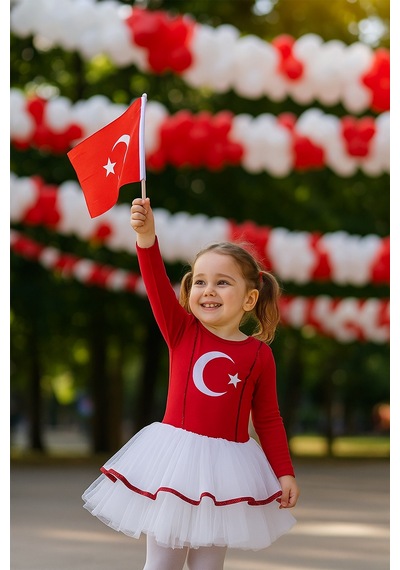 Türk Bayraklı Milli Bayramlar 4-5 Yaş Beyaz Tütülü Kırmızı Beyaz Kostüm