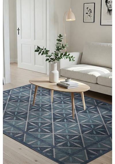 Artloop Nora Mavi Geometrik Desenli Dokuma Tabanlı Modern Şönil Halı Al 500