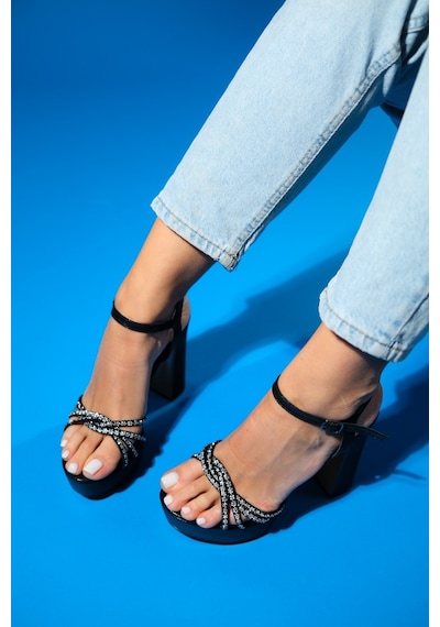Luvishoes Monsey Siyah Taşlı Kadın Platform Topuklu Abiye Ayakkabı Siyah