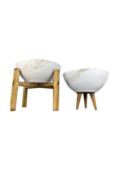 Beyaz Gold Mermer Efektli 20 Cm Çapında 3-4 Ayaklı İkili Bitki Saksı