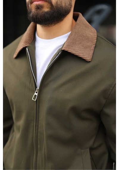 Kadife Yakalı Trucker Model Ceket Haki