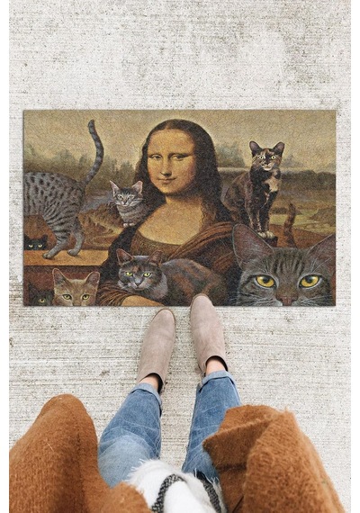 Mona Lisa Ve Kedileri Kapı Önü Paspası Dekoratif Kapı Paspası Dış Mekân Paspas Ev İçi Paspası 45x70cm Diğer