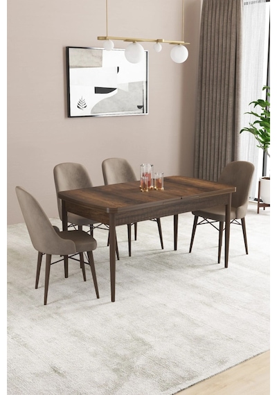 Sar Pakete Almira Serisi, Barok Ahşap Desen 80x132 Açılabilir Mdf Mutfak Masası Takımı 4 Adet Sandalye Cappucino