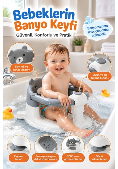 Baby Home Cooki Önden Açılır Banyo Mama Oturağı Güvenli Kullanım Ve Rahat Oturma Alanı Gri