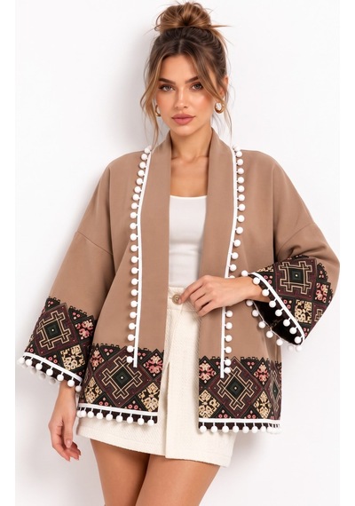 Saade Camel Etnik Desenli Ponpon Detaylı Kaşe Ceket