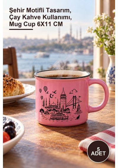 5 Adet İstanbul Temalı Porselen Kupa Bardak Şehir Motifli Tasarım, Çay Kahve Kullanımı, Mug Cup 6x11 Cm