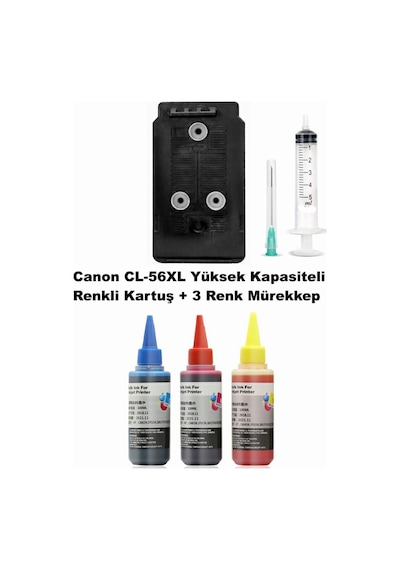 Canon Pixma E414 / Cl-56xl Renkli Yüksek Kapasite Tıpalı İthal Uyumlu Dolabilen Kartuş+mürekkep+şırınga