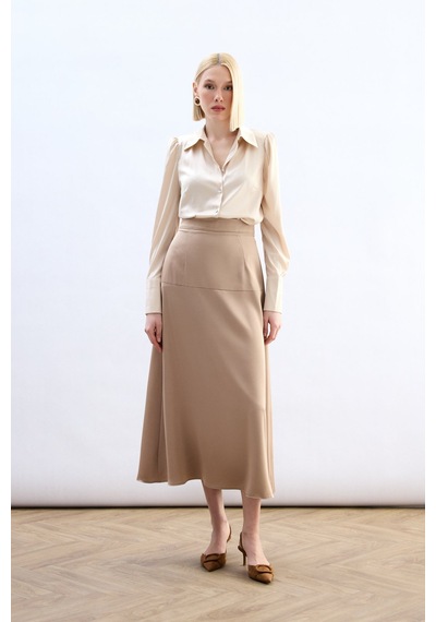 Sateen Yüksek Bel Saten Etek - Bej-136784 Bej