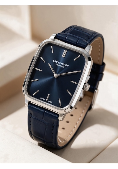 Lee Cooper Lacivert Deri Kayış Mavi Kadran 40 Mm Dikdörtgen Erkek Kol Saati, Bileklik Hediyeli Gümüş