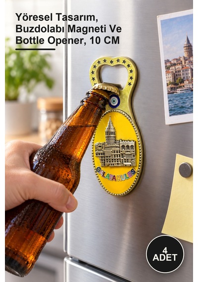 4 Adet Galata Kulesi Magnet Ve Açacak Yöresel Tasarım, Buzdolabı Magneti Ve Bottle Opener, 10 Cm Metal