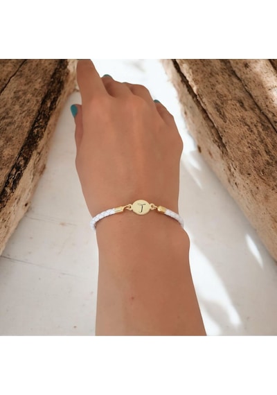 T Harfine Özel 14 Ayar Altın Plakalı Doğal Beyaz Derili Oval Motifli Hediye Bileklik-529harf T