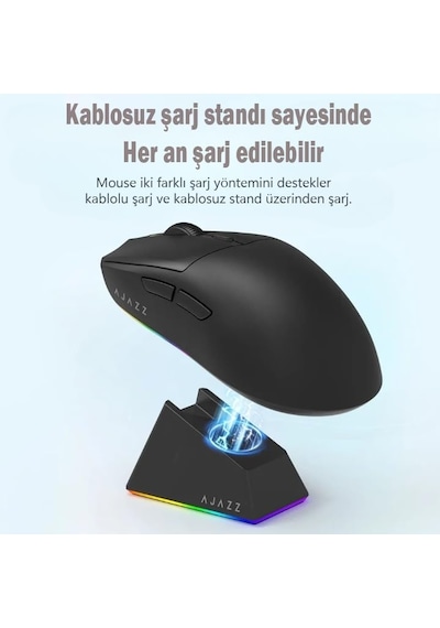 Ajazz Aj139 V2 Mc Mouse 3 Farklı Bağlantı Modu-rgb Manyetik Şarj İstasyonlu-paw 3311 Sensör-500 Mah Batarya-66 Gram Siyah